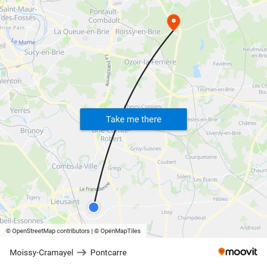 Moissy-Cramayel to Pontcarre map