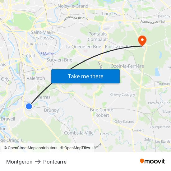 Montgeron to Pontcarre map