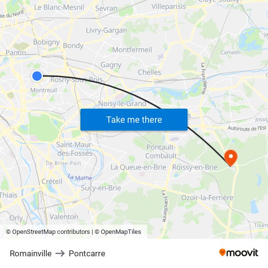 Romainville to Pontcarre map