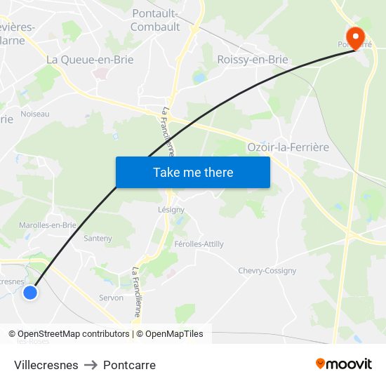 Villecresnes to Pontcarre map