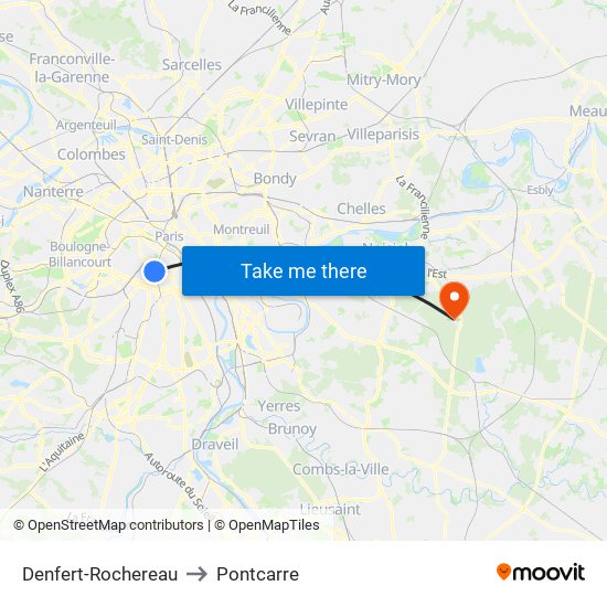 Denfert-Rochereau to Pontcarre map