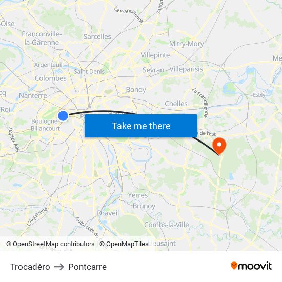 Trocadéro to Pontcarre map
