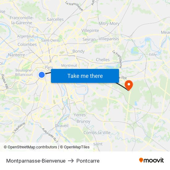 Montparnasse-Bienvenue to Pontcarre map