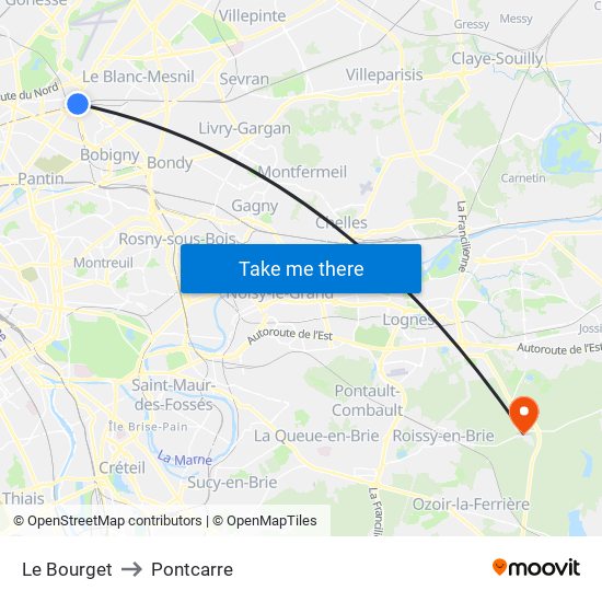 Le Bourget to Pontcarre map