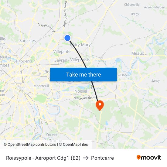 Roissypole - Aéroport Cdg1 (E2) to Pontcarre map