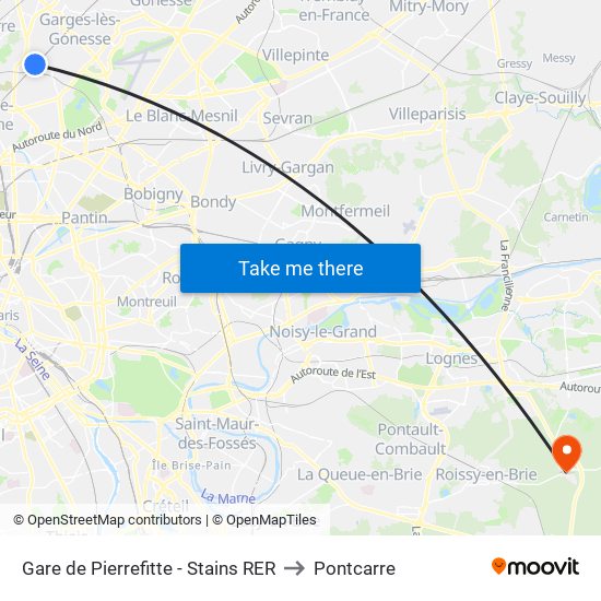 Gare de Pierrefitte - Stains RER to Pontcarre map