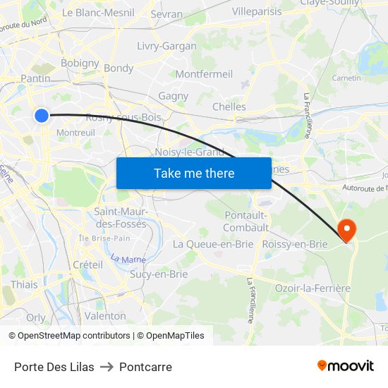 Porte Des Lilas to Pontcarre map