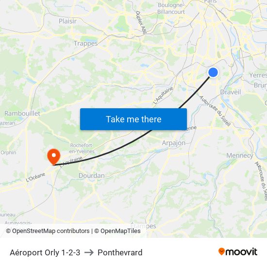 Aéroport Orly 1-2-3 to Ponthevrard map