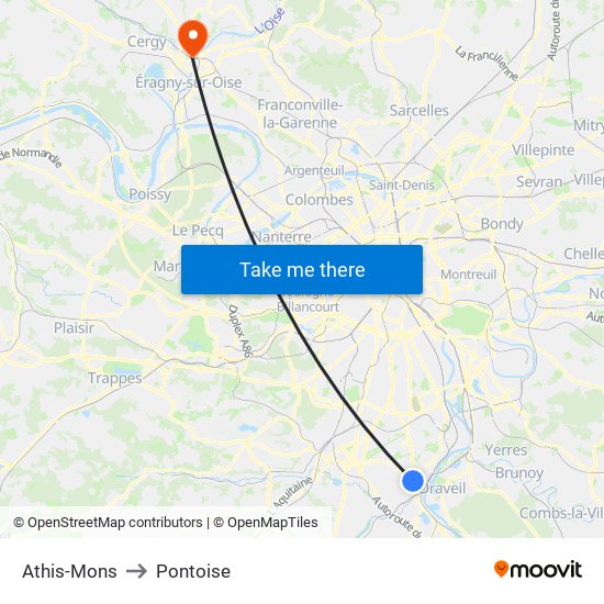 Athis-Mons to Pontoise map