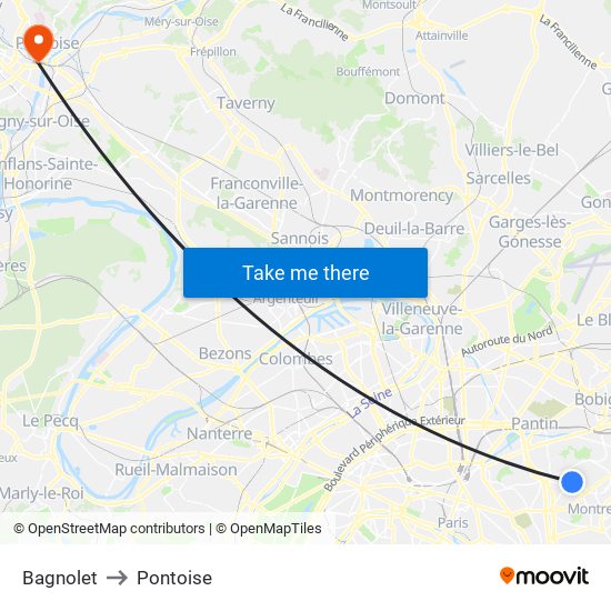 Bagnolet to Pontoise map