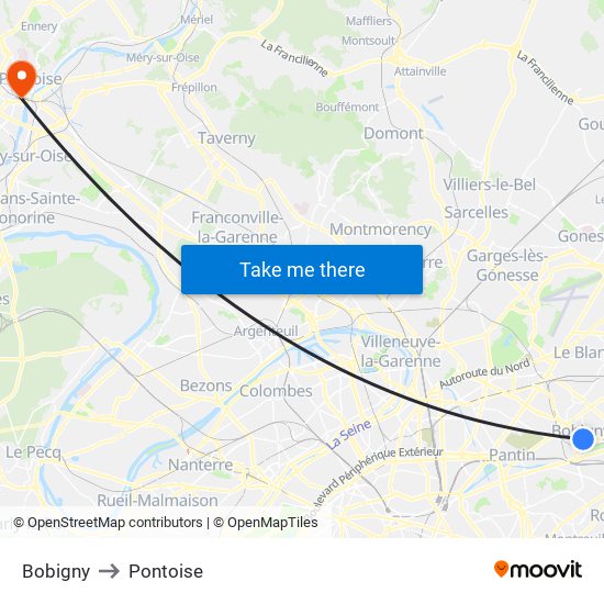 Bobigny to Pontoise map