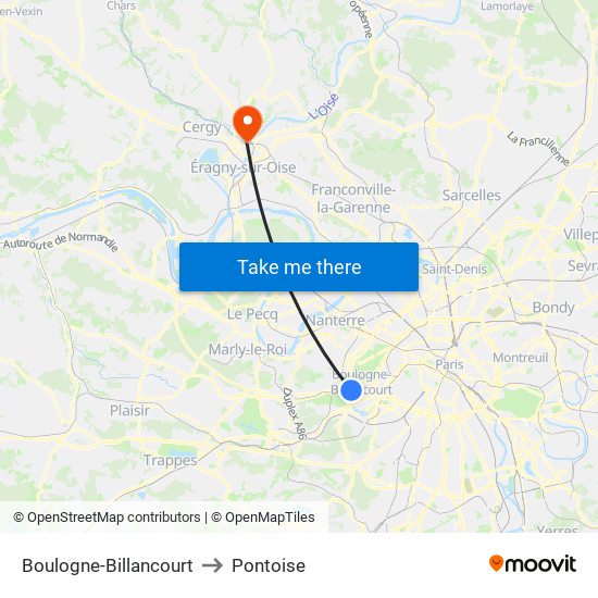Boulogne-Billancourt to Pontoise map