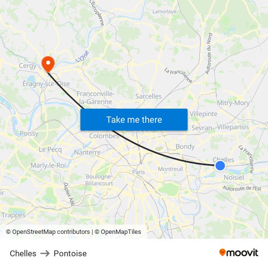 Chelles to Pontoise map