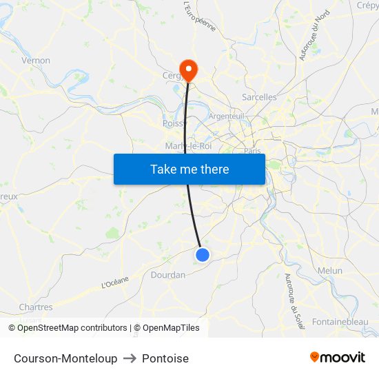 Courson-Monteloup to Pontoise map