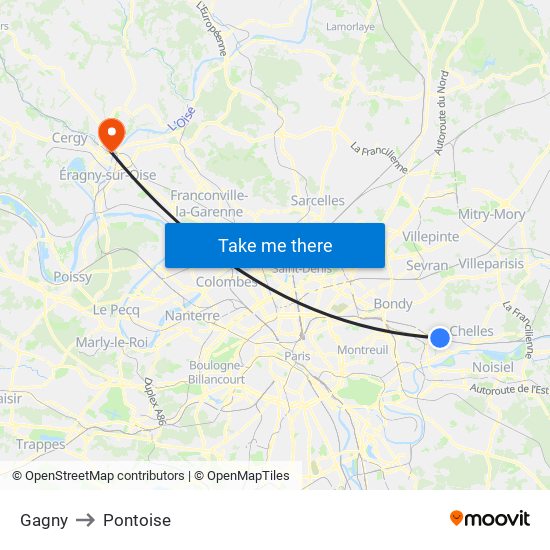 Gagny to Pontoise map