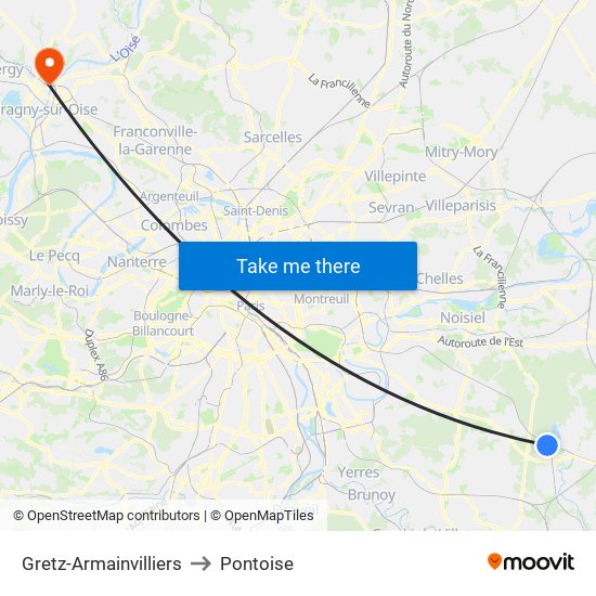 Gretz-Armainvilliers to Pontoise map