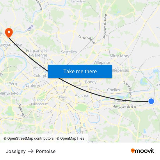 Jossigny to Pontoise map
