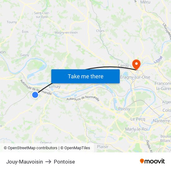 Jouy-Mauvoisin to Pontoise map