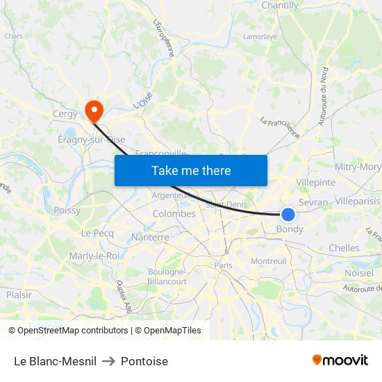 Le Blanc-Mesnil to Pontoise map