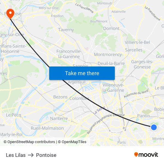 Les Lilas to Pontoise map