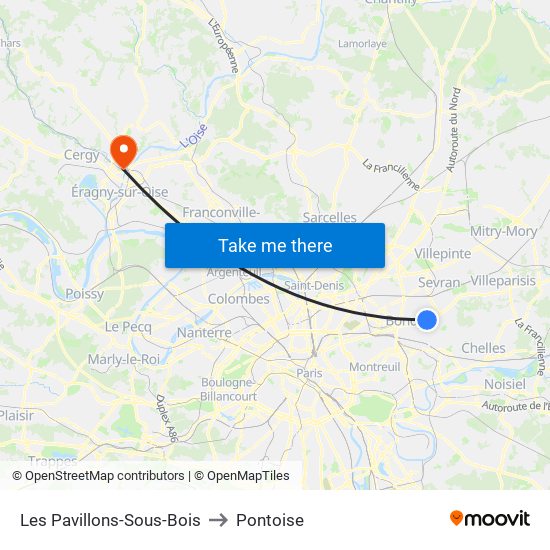 Les Pavillons-Sous-Bois to Pontoise map