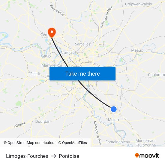 Limoges-Fourches to Pontoise map