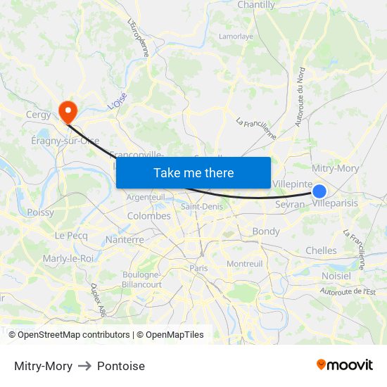 Mitry-Mory to Pontoise map