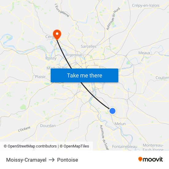 Moissy-Cramayel to Pontoise map