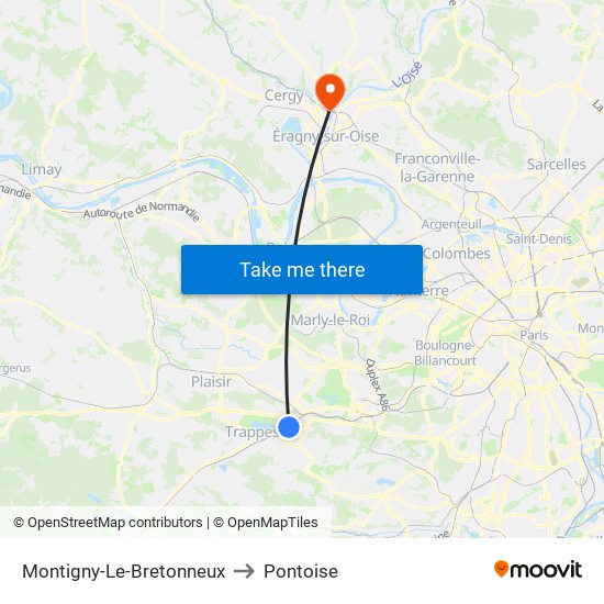 Montigny-Le-Bretonneux to Pontoise map