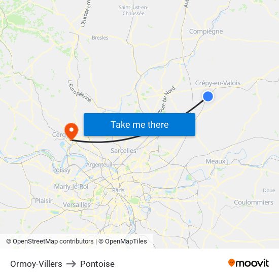 Ormoy-Villers to Pontoise map