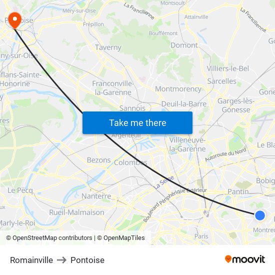 Romainville to Pontoise map
