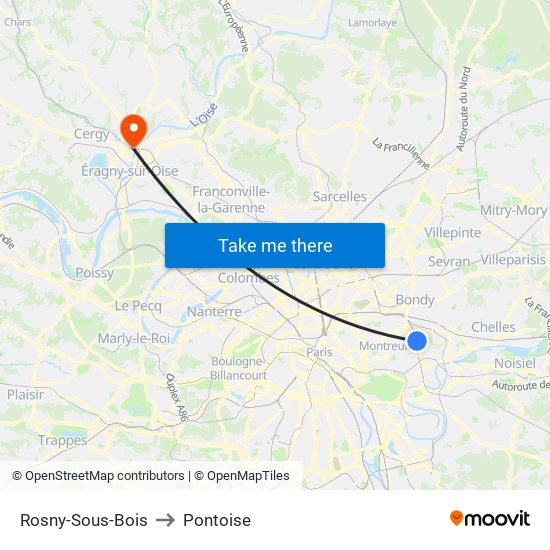 Rosny-Sous-Bois to Pontoise map