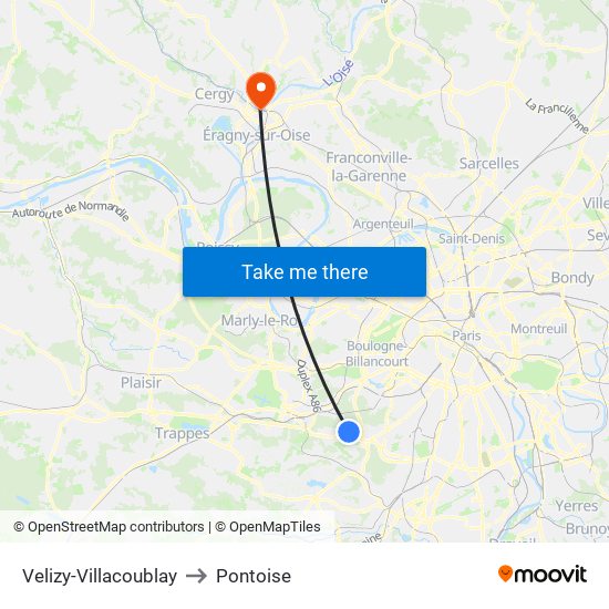 Velizy-Villacoublay to Pontoise map