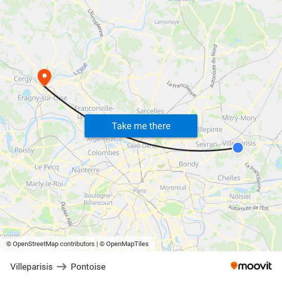 Villeparisis to Pontoise map