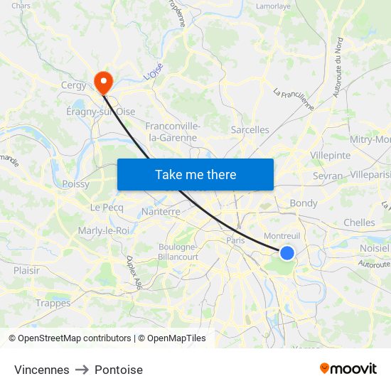 Vincennes to Pontoise map