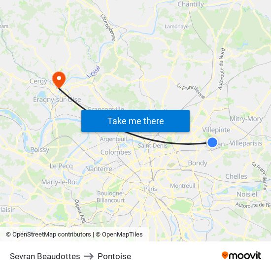 Sevran Beaudottes to Pontoise map