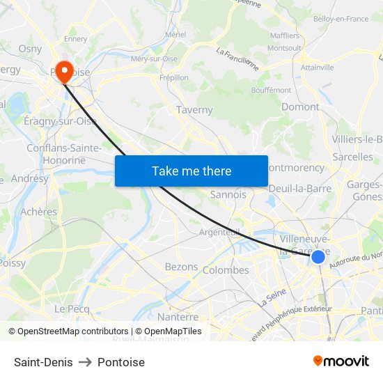 Saint-Denis to Pontoise map