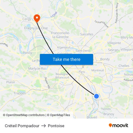 Créteil Pompadour to Pontoise map