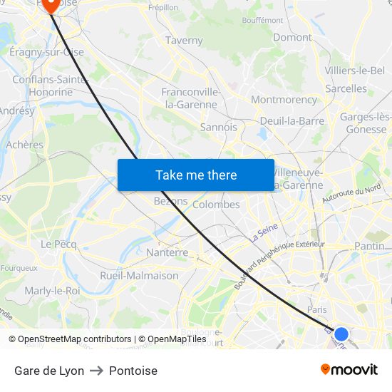 Gare de Lyon to Pontoise map