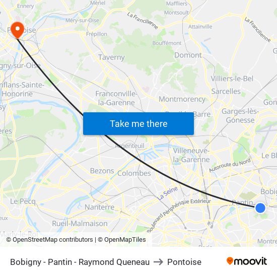 Bobigny - Pantin - Raymond Queneau to Pontoise map