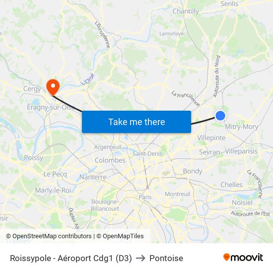 Roissypole - Aéroport Cdg1 (D3) to Pontoise map