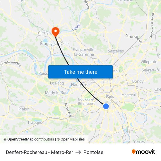 Denfert-Rochereau - Métro-Rer to Pontoise map