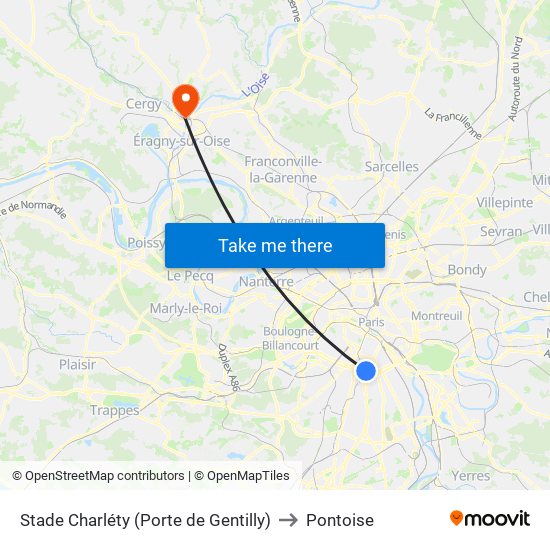 Stade Charléty (Porte de Gentilly) to Pontoise map