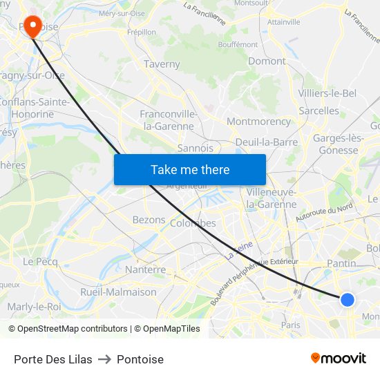 Porte Des Lilas to Pontoise map