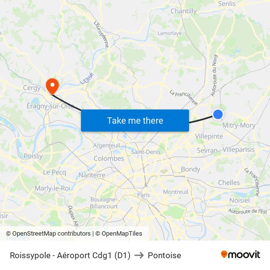 Roissypole - Aéroport Cdg1 (D1) to Pontoise map