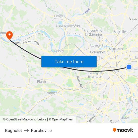 Bagnolet to Porcheville map
