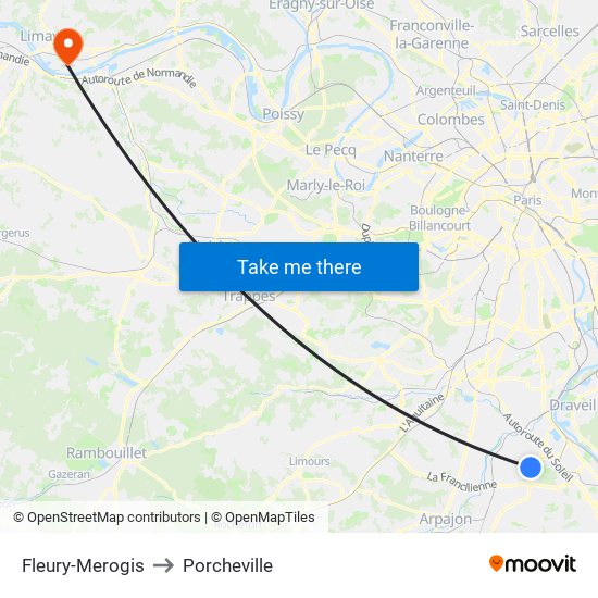 Fleury-Merogis to Porcheville map