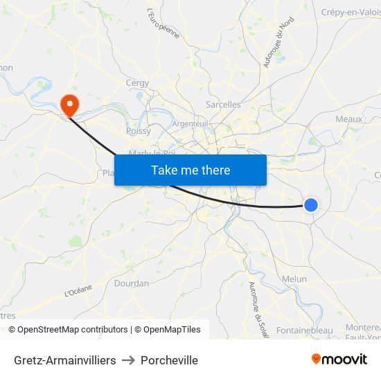 Gretz-Armainvilliers to Porcheville map
