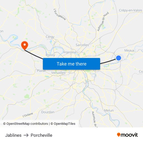Jablines to Porcheville map