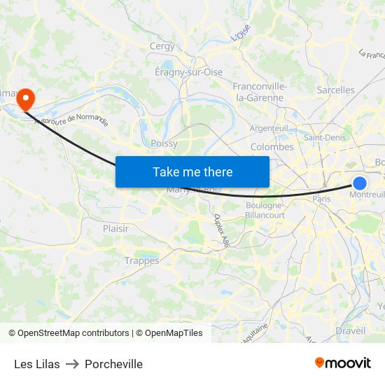 Les Lilas to Porcheville map